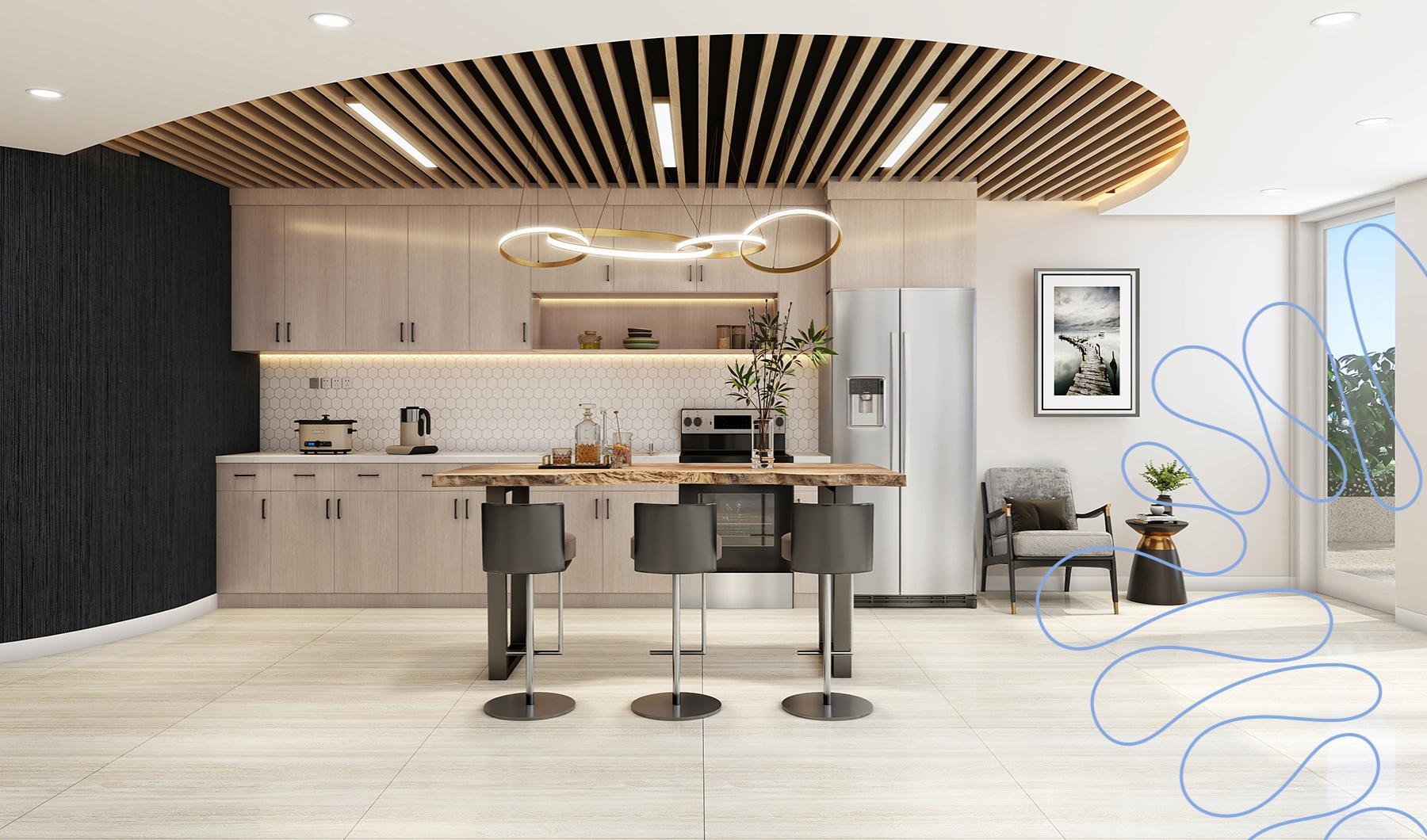 a kitchen with a bar and chairs