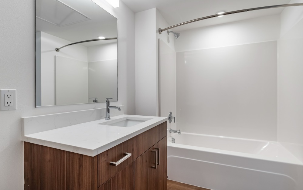 a bathroom with a sink, mirror and tub