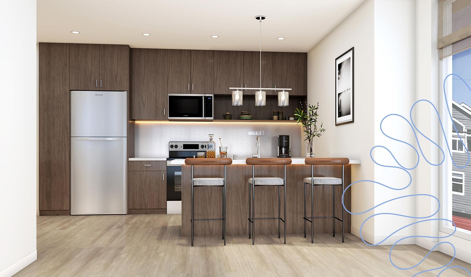 a kitchen with bar stools and a refrigerator