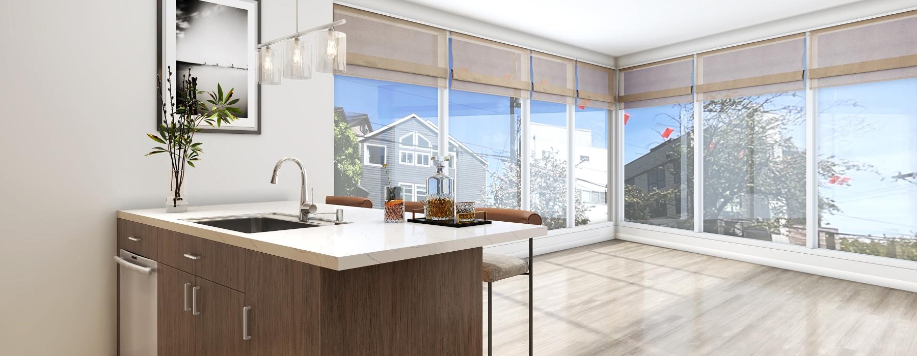 a kitchen with a large window