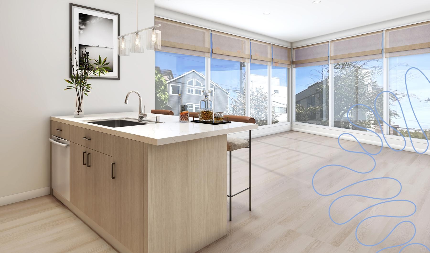 a kitchen with and living rooms with large windows