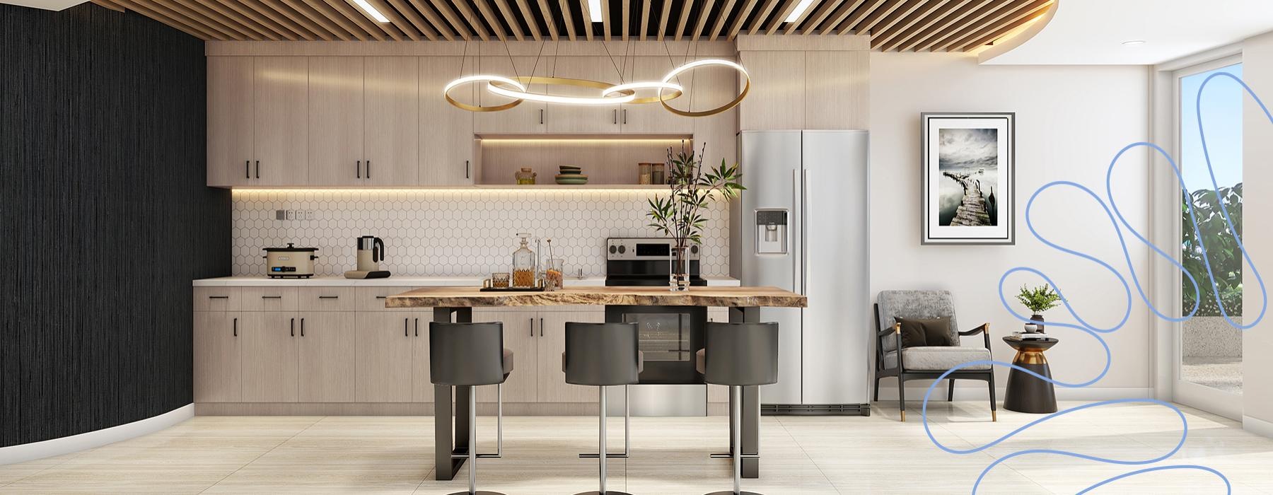 a kitchen with a bar and chairs