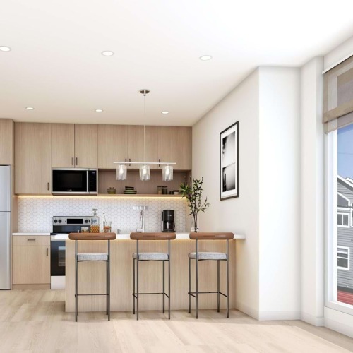 a kitchen with a large window