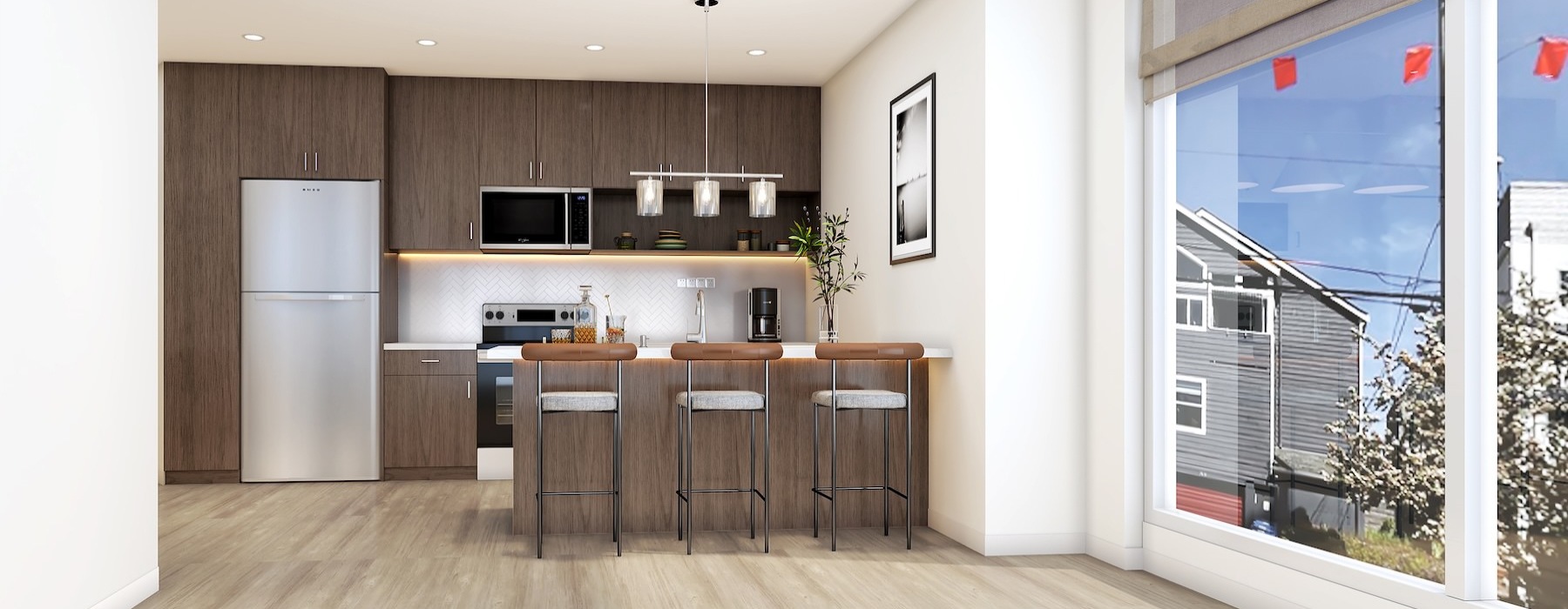 kitchen with hardwood floors and large windows